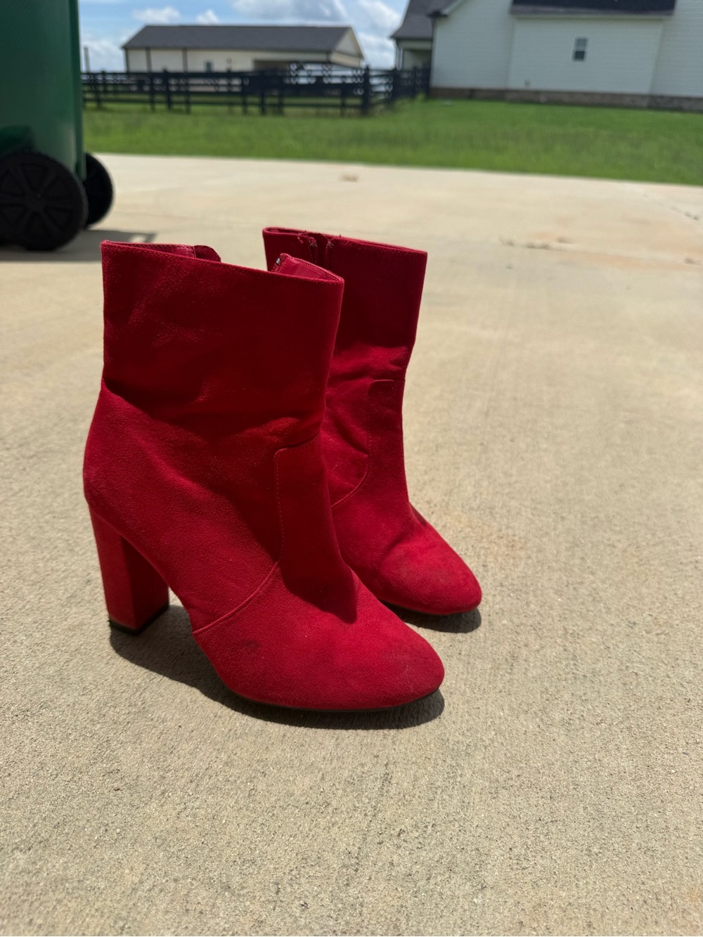 Red Suede High Block Heel Ankle Boots - Women